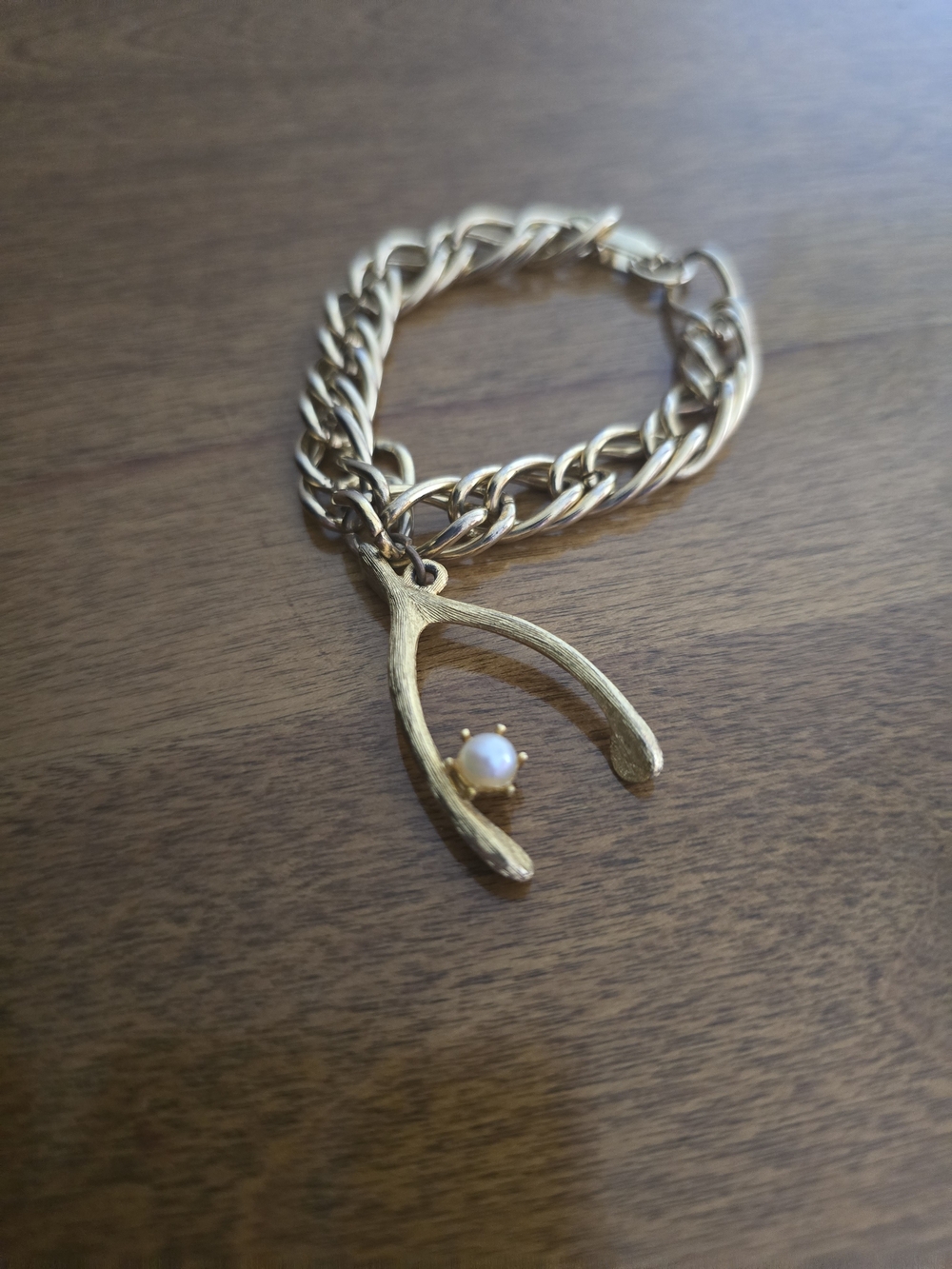 Vintage Gold-Tone Wishbone Bracelet with Pearl Detail